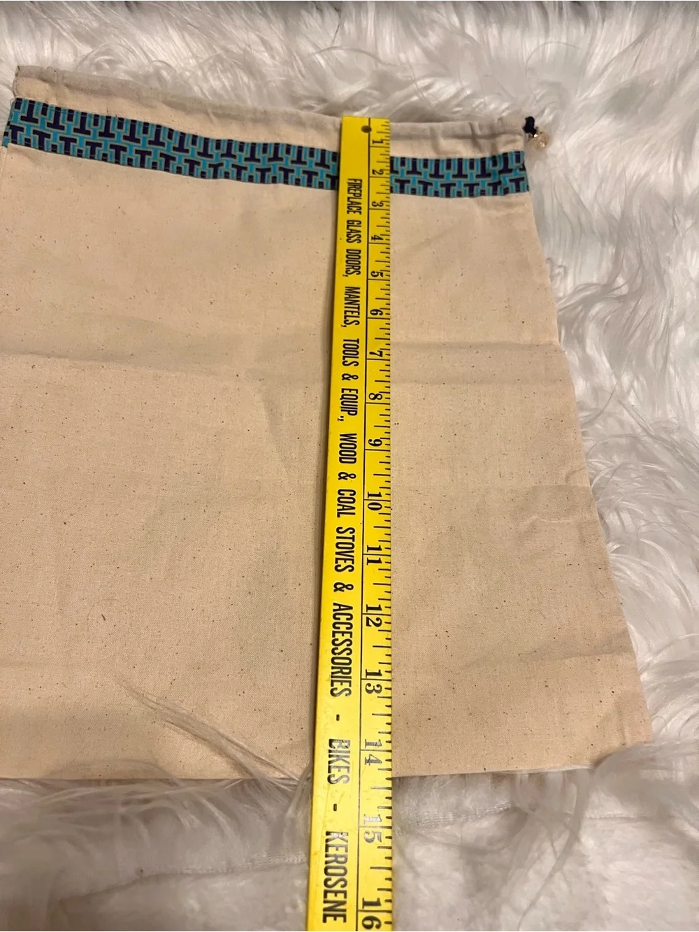 Tory Burch NWOT Canvas Drawstring Pouch with Blue Geometric Trim and gold logo
